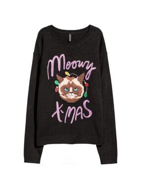 H&M Novelty Embroidered  "Meowy X-Mas" Black Knit Sweater womens sz Medium